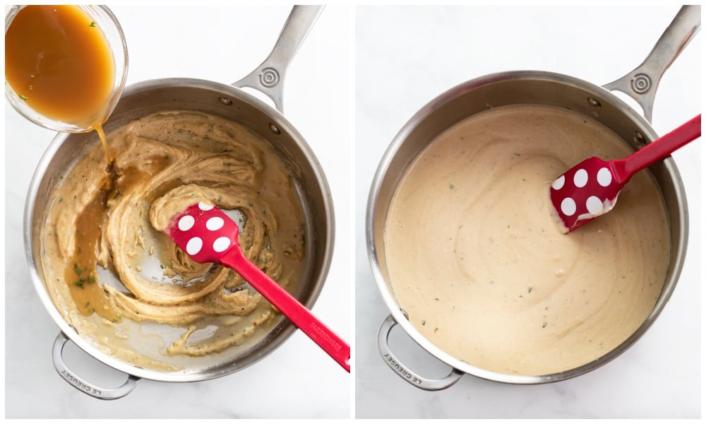 Making Swedish meatball sauce in a skillet with roux, beef broth, and sour cream.
