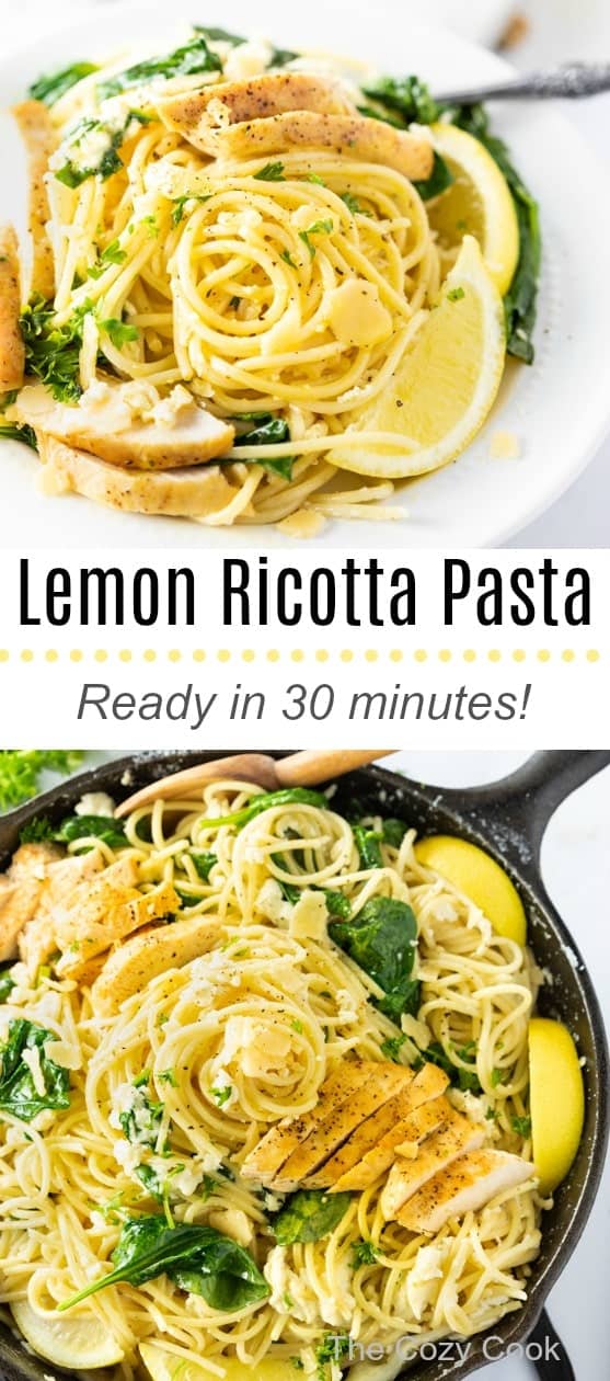This lemon Ricotta pasta is loaded with perfectly seared chicken, zesty lemon, and a sprinkle of fresh spinach, and a savory blend of Ricotta and Parmesan. | The Cozy Cook | #Pasta #Italian #Dinner #MainCourse #Ricotta #Spinach #Lemon #Spaghetti #ComfortFood