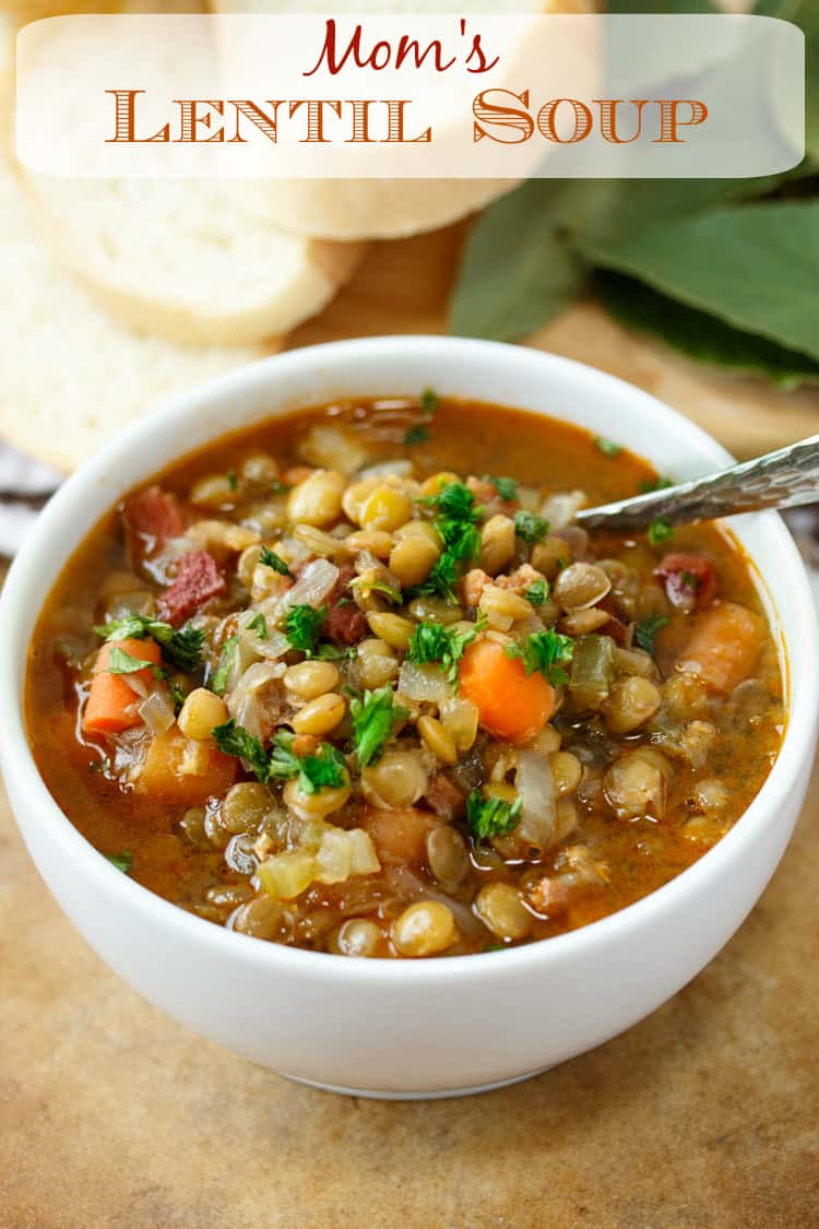 A simple and savory combination of beef stock, chicken stock, ham, vegetables, and lentils.