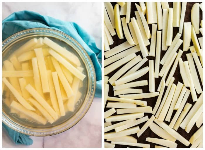 Soaking potatoes in water and then drying them to make homemade french fries.