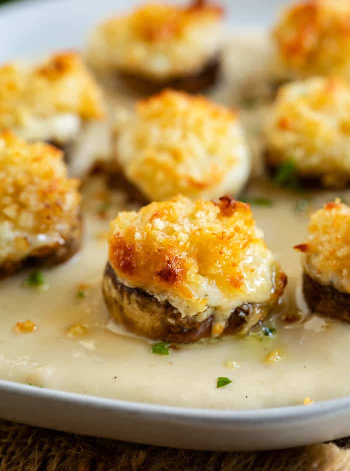 Parmesan Panko Stuffed Mushrooms on a plate with White Cheddar Sauce