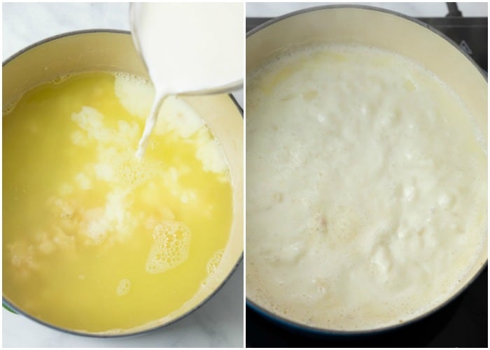 Half and half being added to a pot of chicken broth and brought to a boil.