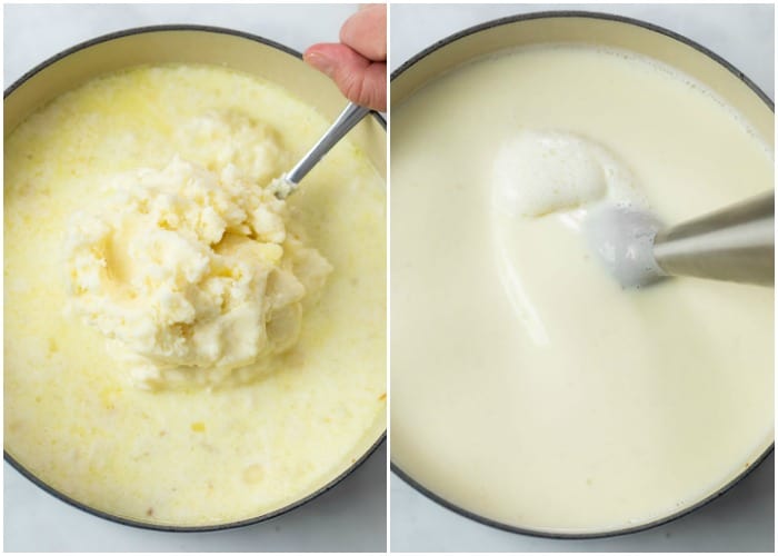 Adding mashed potatoes to broth and blending to make sheperds pie soup.