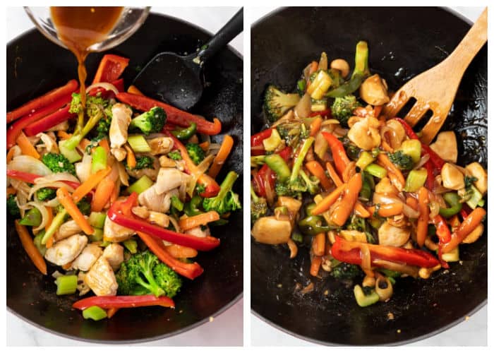 Adding sauce to easy chicken stir fry in a wok.