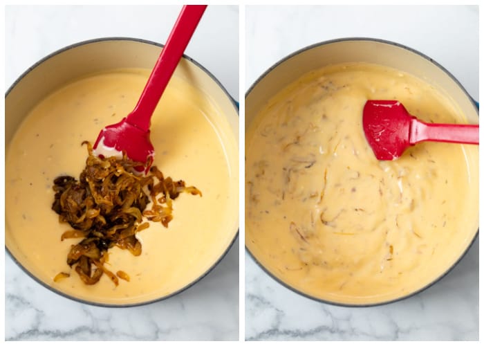 Adding caramelized onions to cheese sauce in a dutch oven.