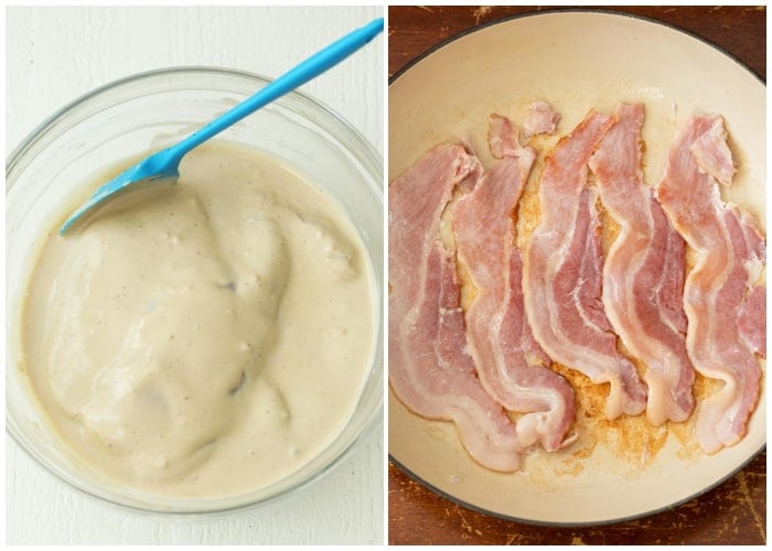 A bowl of chicken in marinade next to bacon in a frying pan that's being cooked.
