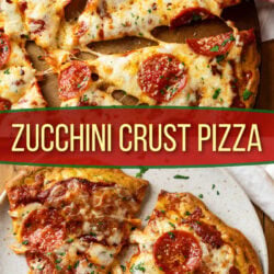 A collage of zucchini crust pizza on a plate and on a pizza stone.