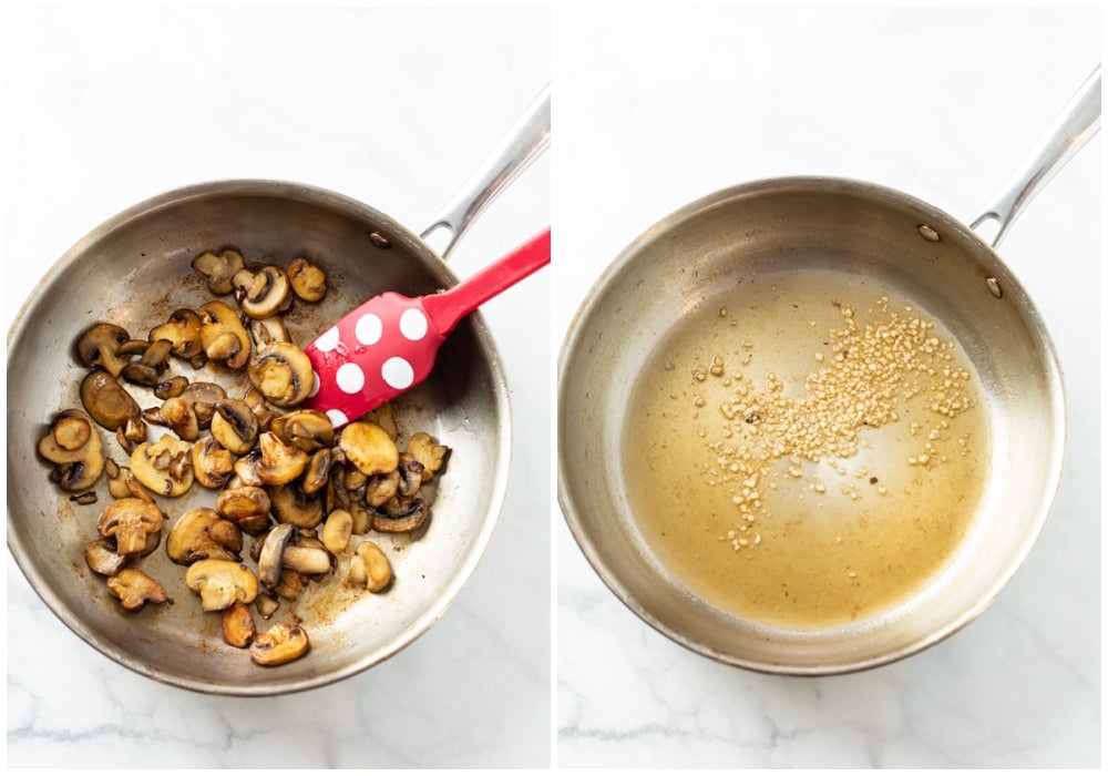 Cooking mushrooms in a pan and deglazing with white wine and garlic.