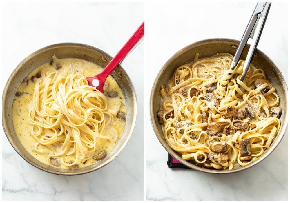 Adding Fettuccine to a skillet of creamy mushroom sauce and mixing to combine.