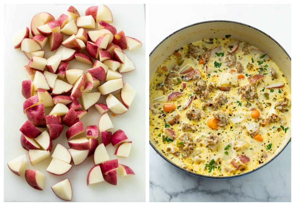 Diced potatoes next to a pot of sausage potato soup.
