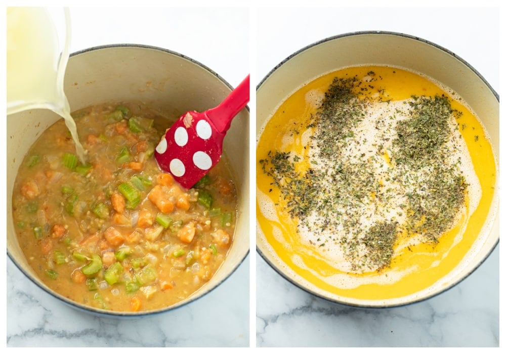 2 soup pots with carrots, celery, and onions with chicken broth and half and half being added with seasonings.