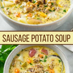 A collage of sausage potato soup in a white soup bowl with a spoon.