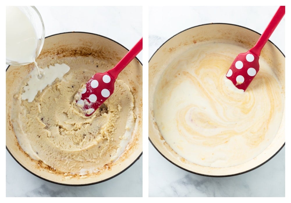 Adding cream to a roux to make a cheese sauce.