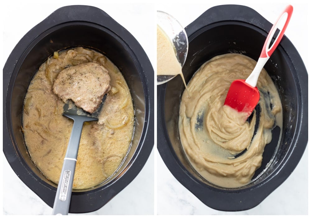 Taking Pork Chops out of the Crock Pot and making gravy in the Crock Pot.
