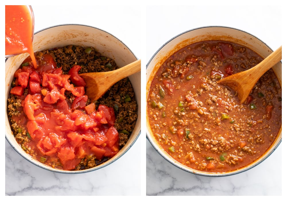 Adding diced tomatoes and crushed tomatoes to a pot of chili.