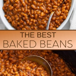 A collage of Baked Beans in a bowl and in a crock pot.