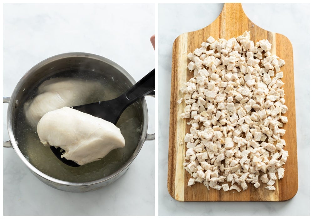 Chicken being cooked in a pot and diced up on a cutting board for chicken salad.