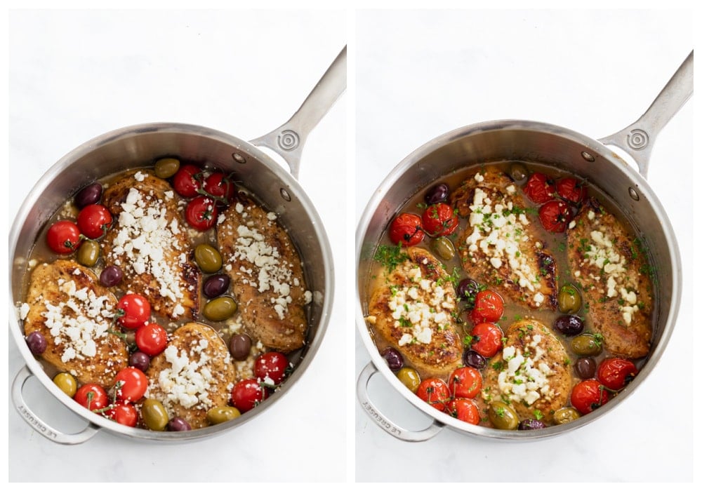 Greek Chicken in a skillet with Feta on top before and after being baked.