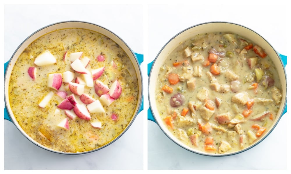 Adding potatoes to a pot of Chicken Stew.
