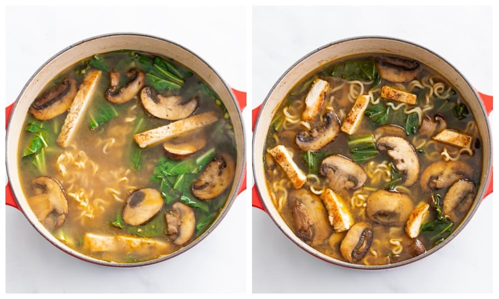 A soup pot with mushrooms, chicken and bok choy being added to homemade ramen soup.
