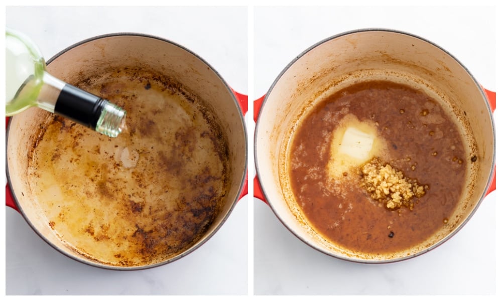 Adding white wine, butter, and garlic to a soup pot.