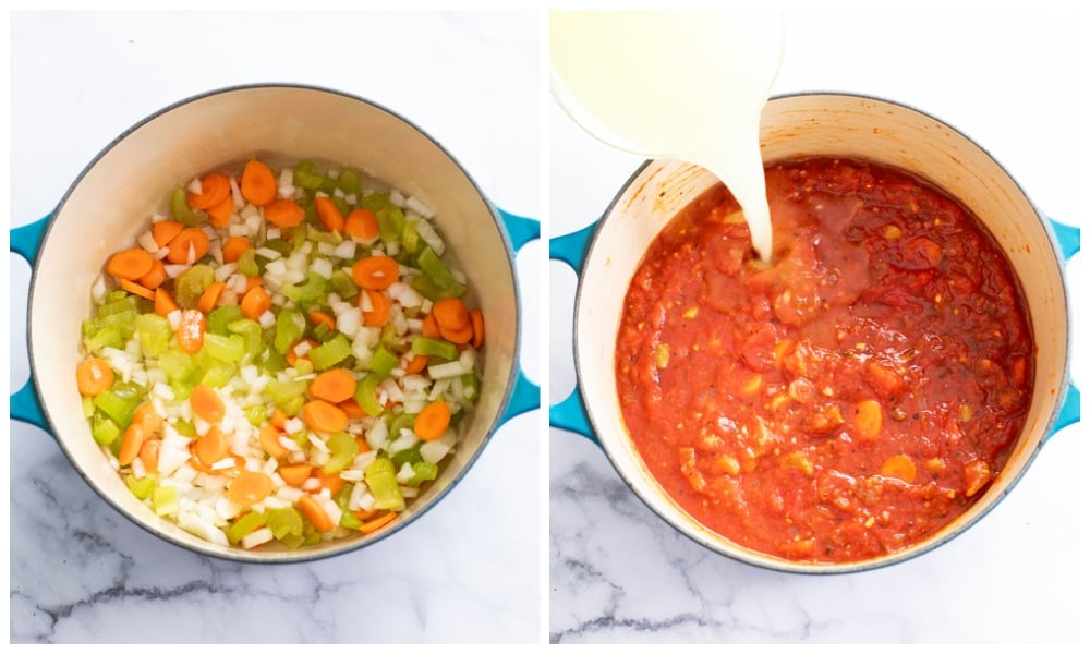Making Minestrone Soup with a mirepoix, tomatoes, and chicken broth in a soup pot.