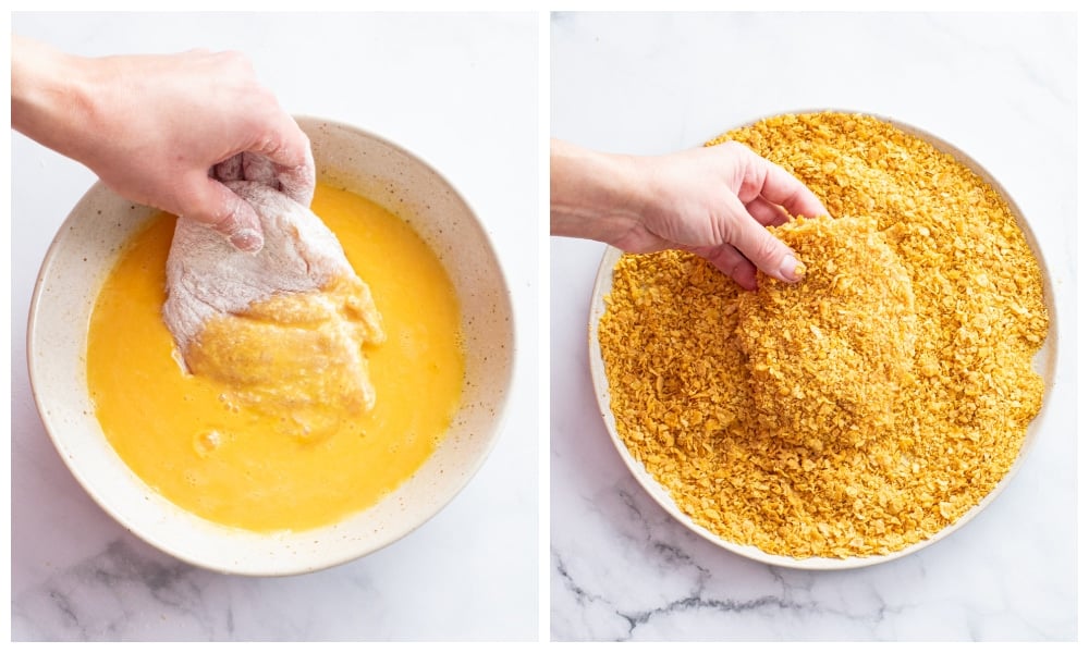 Dipping chicken in eggs and in breading to bake crispy hot honey chicken.
