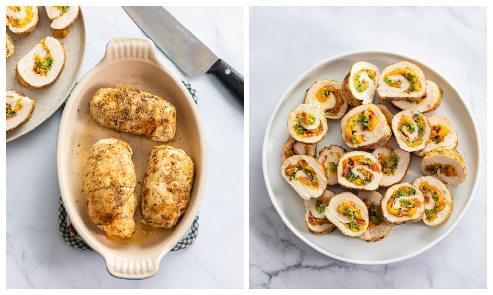 Chicken Roulade in a baking dish and on a plate after being sliced.