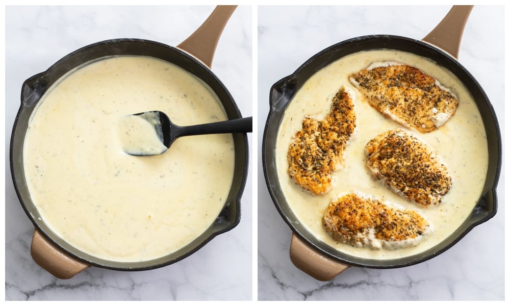 A skillet of ranch sauce with chicken being added to it.