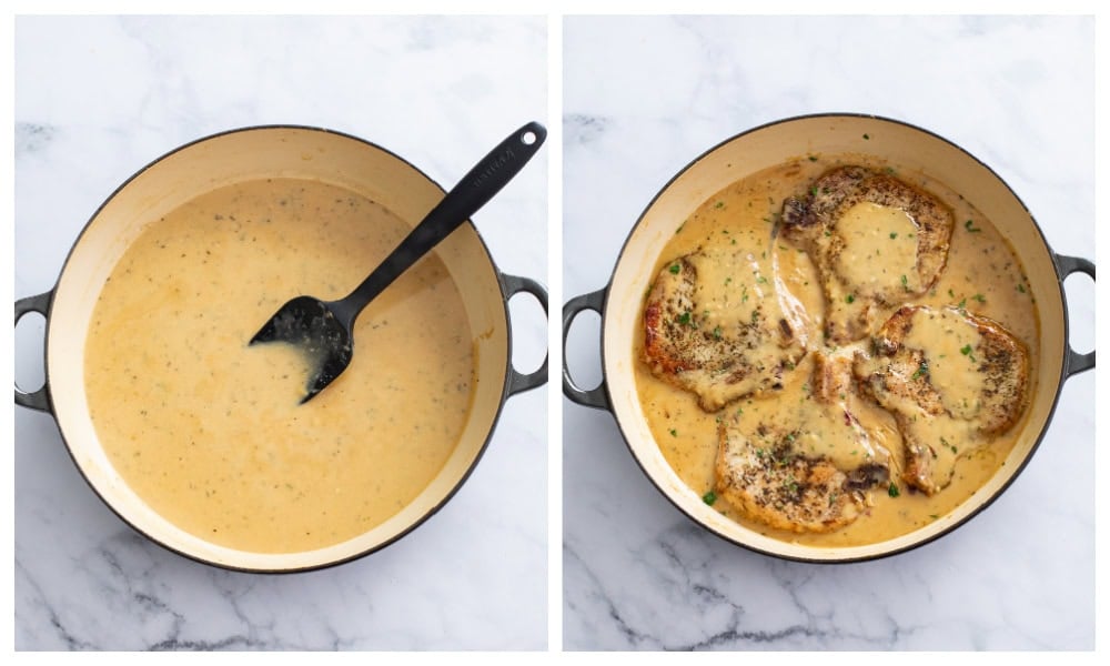 A skillet with Garlic Parmesan Sauce with pork chops being added.