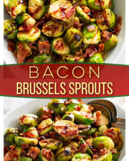 A collage of Bacon Brussels Sprouts in a white bowl with bacon and balsamic glaze on top.