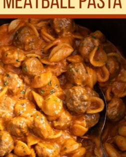 A labeled image of Meatball Pasta in a pot with a spoon scooping it up.