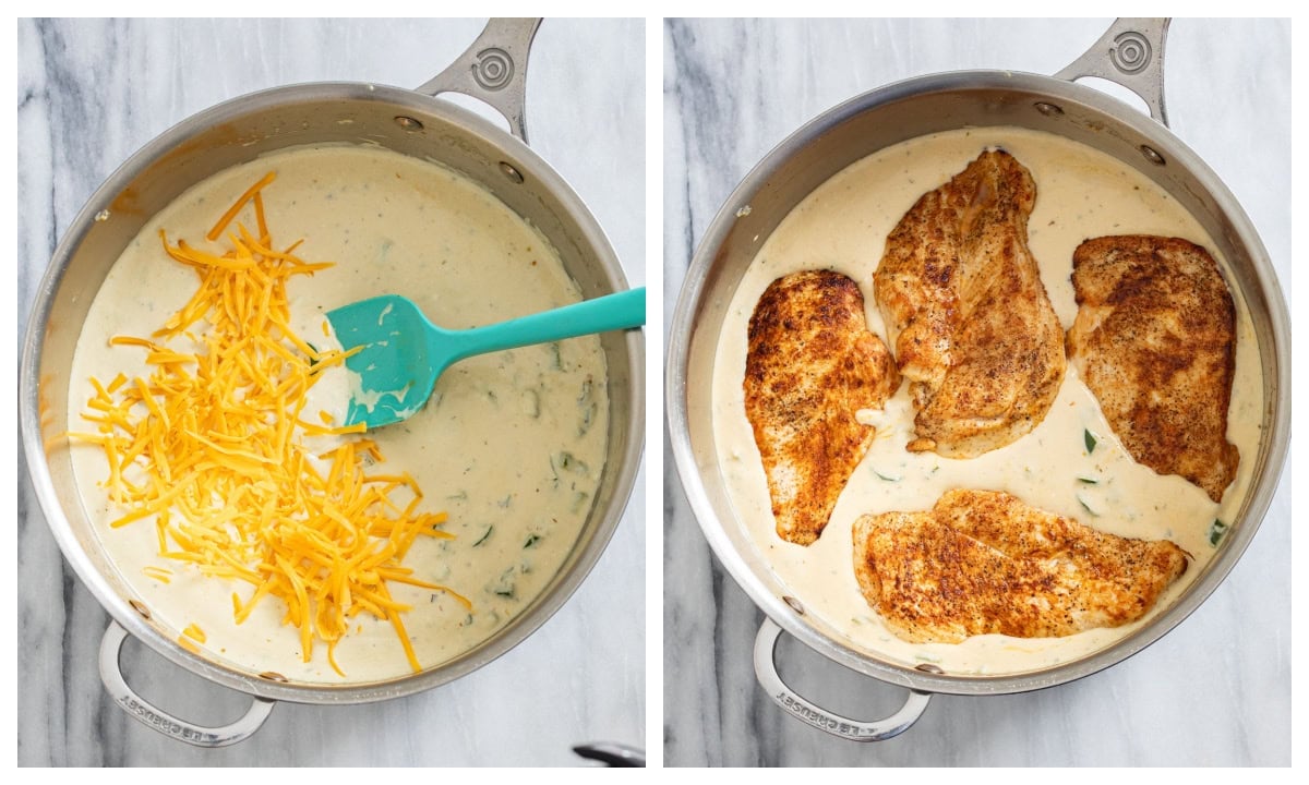 Adding cheese to a creamy Jalapeno Popper sauce and adding chicken to it.