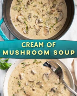 A collage of Cream of Mushroom Soup in a soup pot and in a serving bowl.