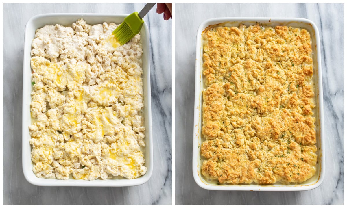 Chicken Pot Pie Casserole topped with a biscuit filling before and after being baked.