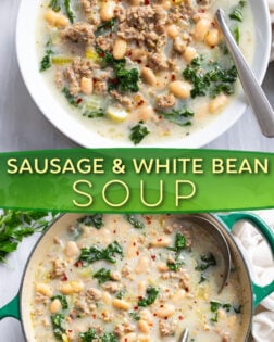 A collage of Sausage and White Bean Soup in a white bowl and in a soup pot.