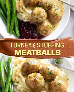 A collage of Turkey and Stuffing Meatballs on a white plate with potatoes and cranberry sauce.