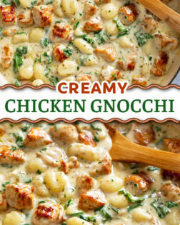 A collage of Creamy Chicken Gnocchi in a skillet with a wooden spoon.