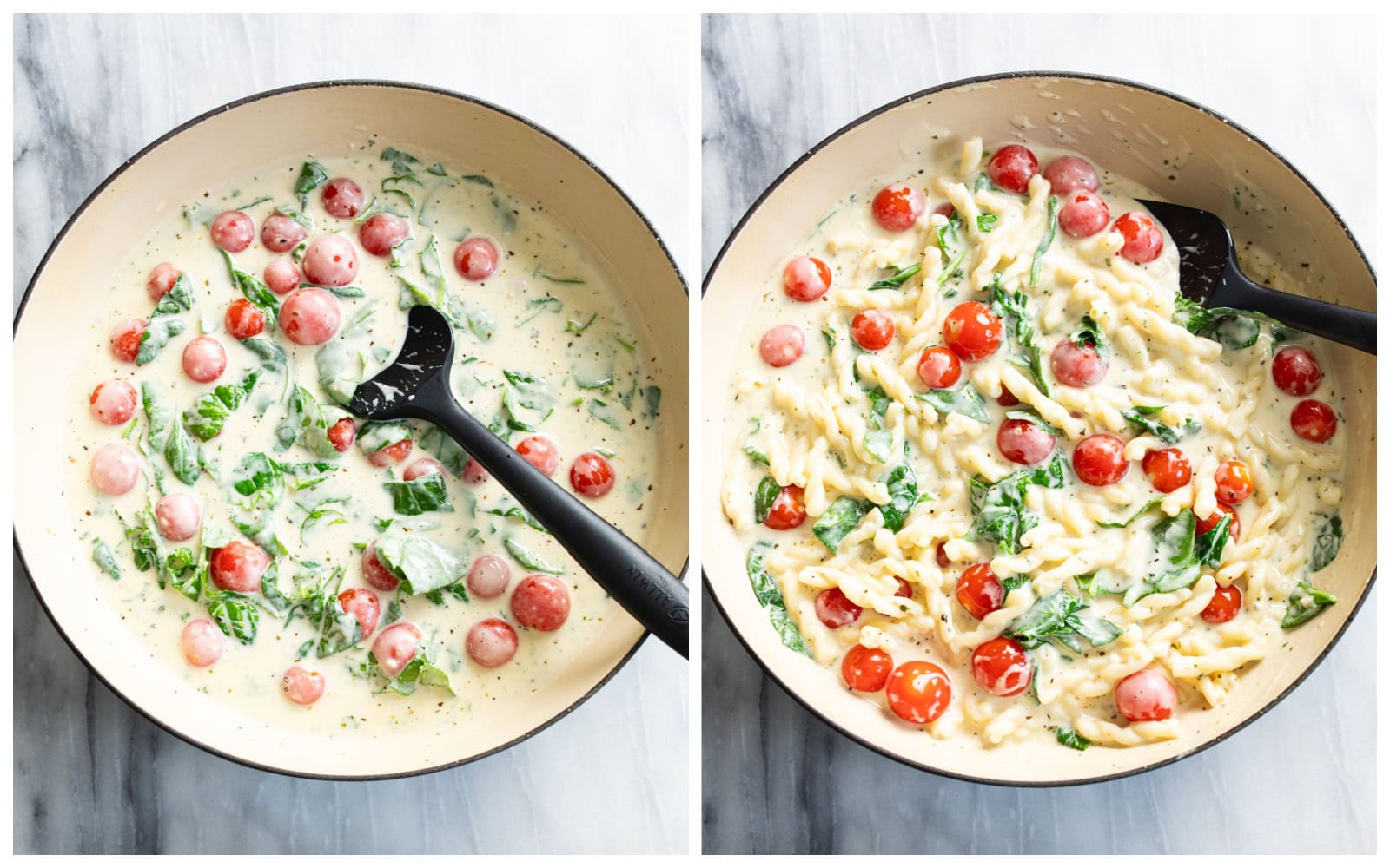 A skillet with Boursin sauce, tomatoes, and spinach next to a skillet of completed Boursin Pasta.