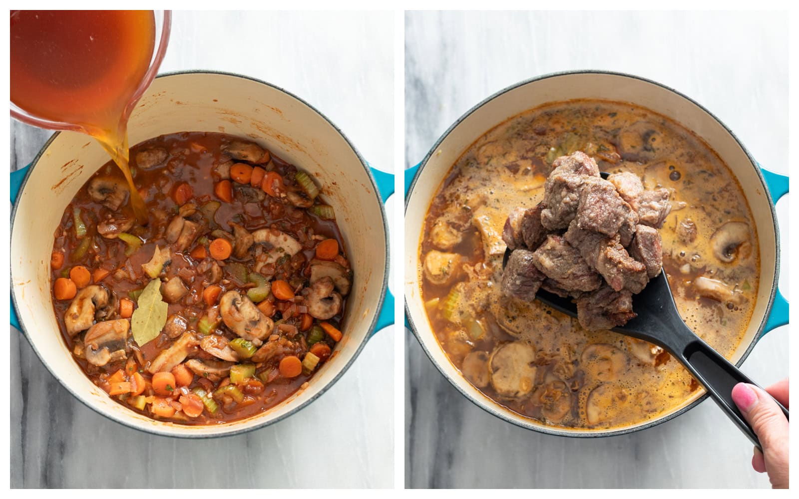 A soup pot with vegetables and broth being added next to a soup pot with beef being added.